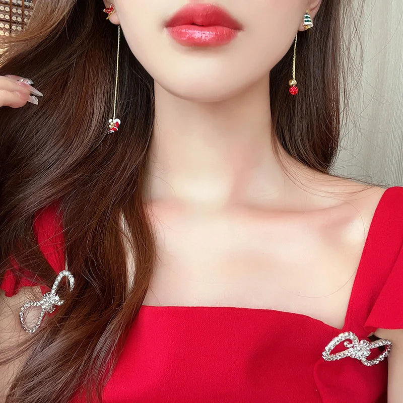 Xmas Santa Claus Drop Earrings / Long Tassel Chain Earrings for Women / Fashion Jewelry / Gift