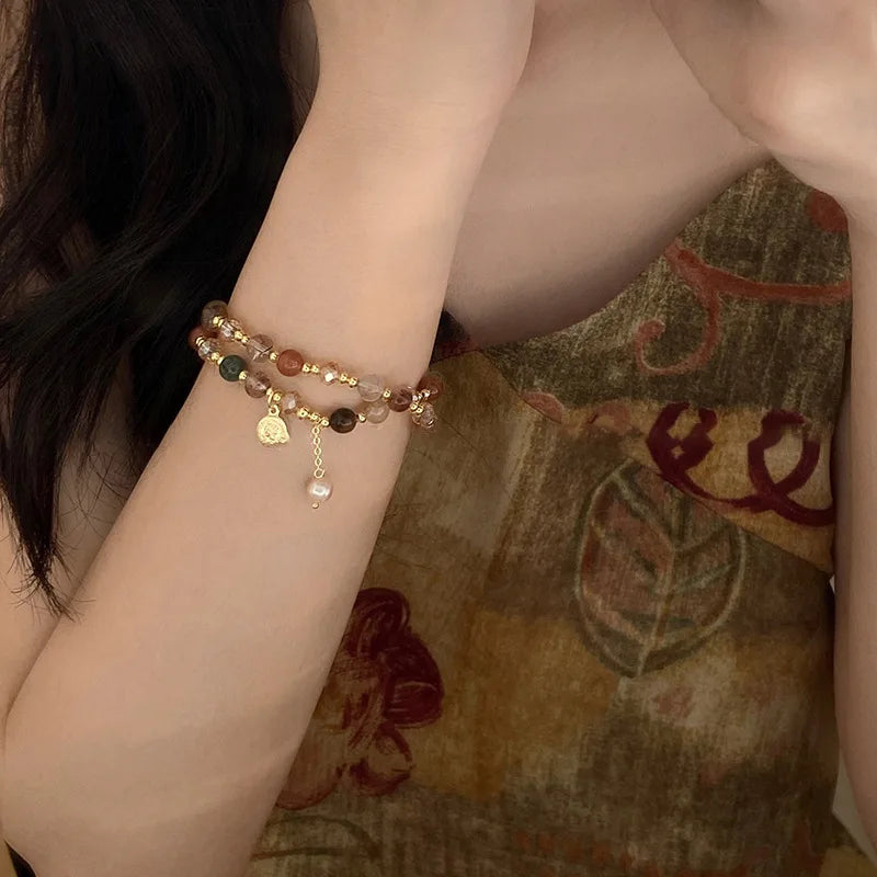 Vintage Double Layered Crystal Pearl Beaded Bracelet for Women /Ethnic Natural Stone / Wrap Bangle Bracelet / Gifts
