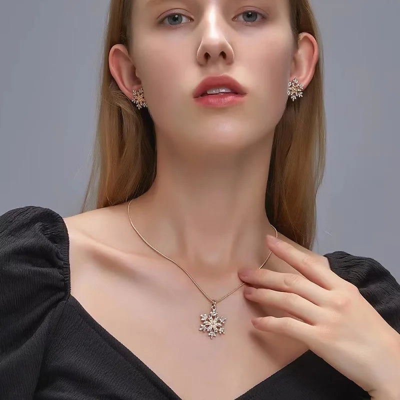 Romantic Christmas Jewelry Set For Women / Full Rhinestone / Snowflake Pendant Necklace Stud Earring /
