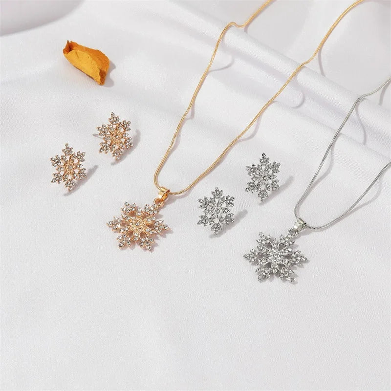 Romantic Christmas Jewelry Set For Women / Full Rhinestone / Snowflake Pendant Necklace Stud Earring /