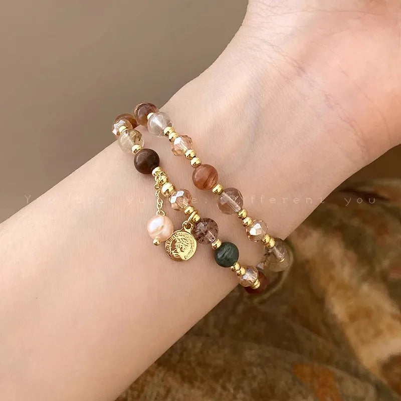 Vintage Double Layered Crystal Pearl Beaded Bracelet for Women /Ethnic Natural Stone / Wrap Bangle Bracelet / Gifts