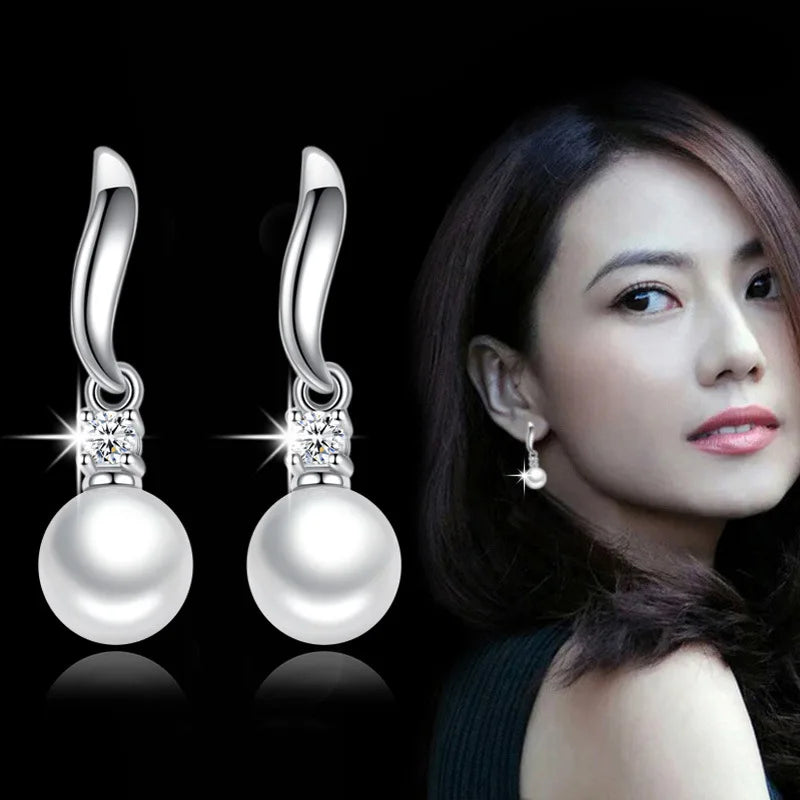 Solid 925 Sterling Silver Pearl Pendant Necklace Crystal Stud Earrings Jewelry Sets For Women / Party wear / Wedding wear / Gift set