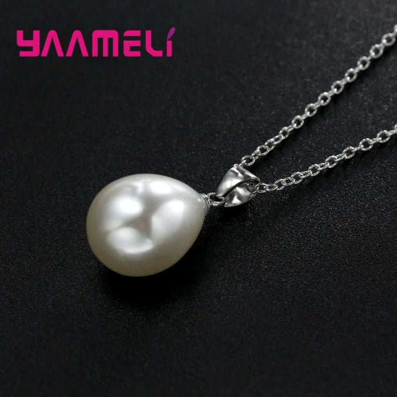 925 Sterling Silver Color Pearl Pendant Necklace Loop Hoop Earrings White Teardrop Women Girls Wedding Party Nice Gifts