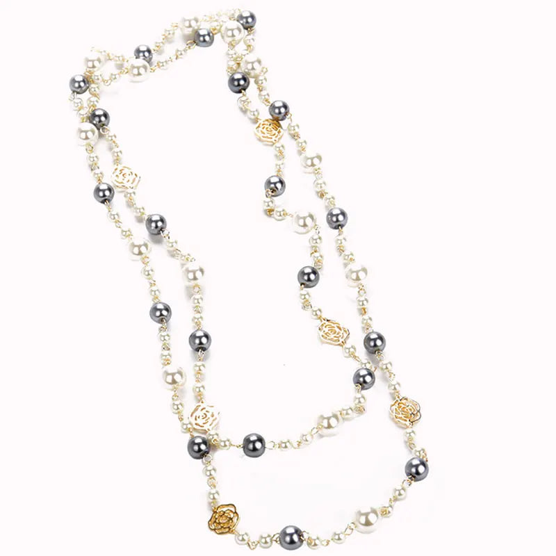 Famous Camellia Pearl Long Necklace For Women, girls | Double Layer chain necklace