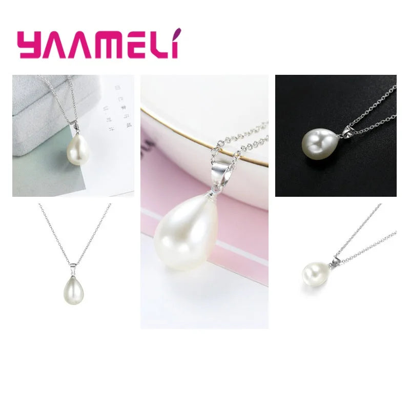 925 Sterling Silver Color Pearl Pendant Necklace Loop Hoop Earrings White Teardrop Women Girls Wedding Party Nice Gifts