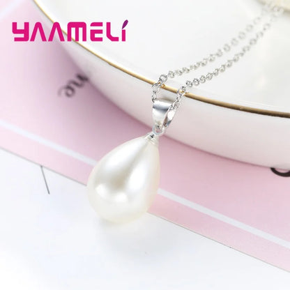 925 Sterling Silver Color Pearl Pendant Necklace Loop Hoop Earrings White Teardrop Women Girls Wedding Party Nice Gifts