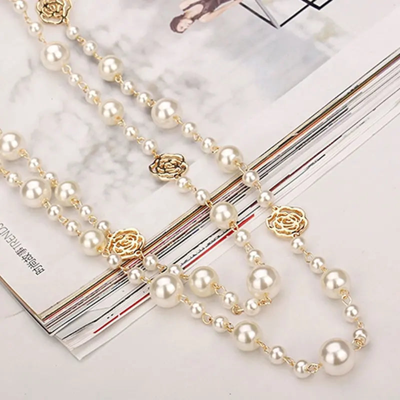 Famous Camellia Pearl Long Necklace For Women, girls | Double Layer chain necklace