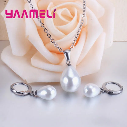 925 Sterling Silver Color Pearl Pendant Necklace Loop Hoop Earrings White Teardrop Women Girls Wedding Party Nice Gifts