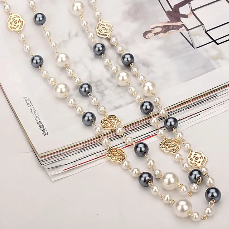 Famous Camellia Pearl Long Necklace For Women, girls | Double Layer chain necklace