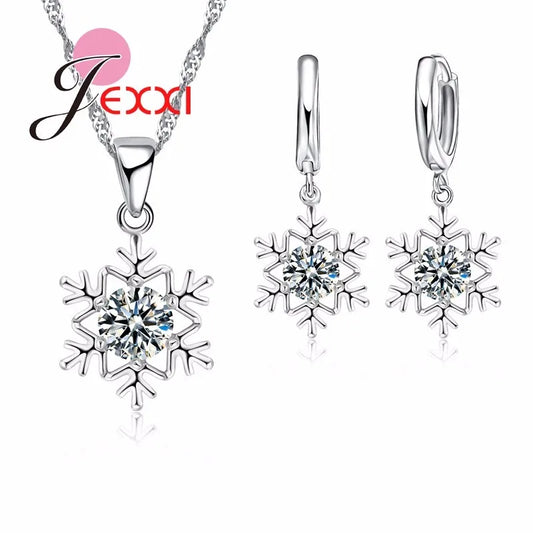 Elegant Women Snowflake Pendant Crystal 925 Sterling Silver Chain Necklace+Earrings Set Female Fashion Wedding Christmas Jewelry