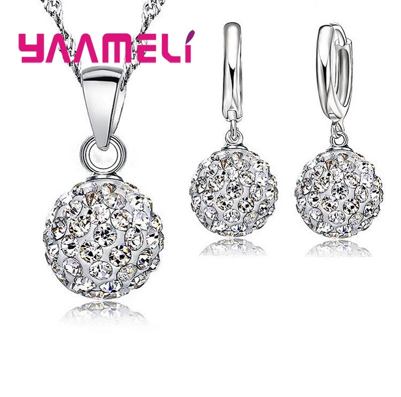 925 Sterling Silver Stamped Jewelry Sets for Women / Girls / Wedding Gifts Austrian Crystal CZ Disco Ball Necklace with Hoop Earrings