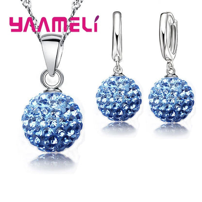 925 Sterling Silver Stamped Jewelry Sets for Women / Girls / Wedding Gifts Austrian Crystal CZ Disco Ball Necklace with Hoop Earrings