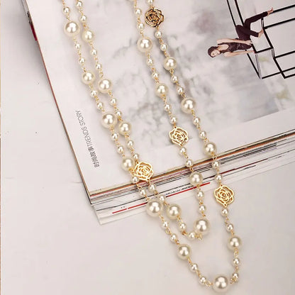 Famous Camellia Pearl Long Necklace For Women, girls | Double Layer chain necklace