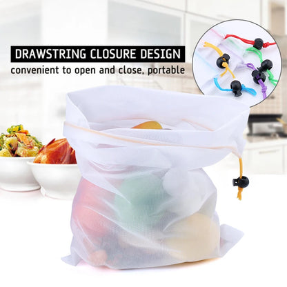 5pcs Colorful Reusable Washable Mesh bags for storing fruits vegetables to stay fresh in the refrigerator / produce shopping bag