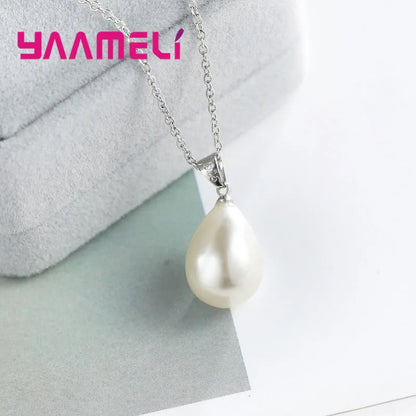 925 Sterling Silver Color Pearl Pendant Necklace Loop Hoop Earrings White Teardrop Women Girls Wedding Party Nice Gifts