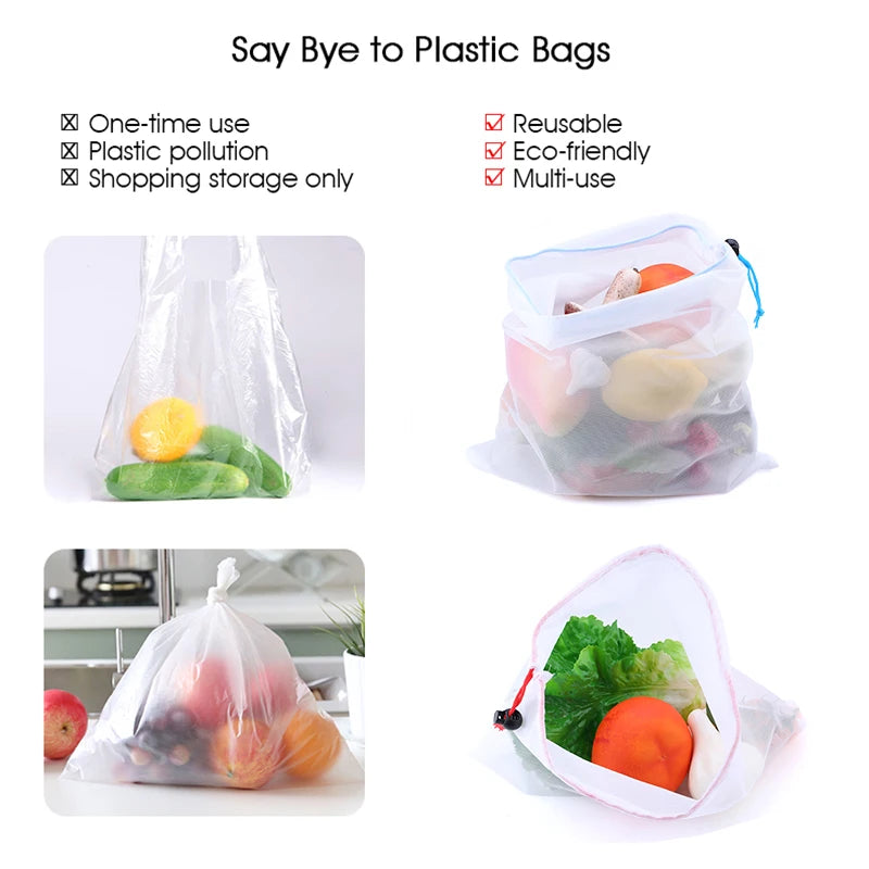 5pcs Colorful Reusable Washable Mesh bags for storing fruits vegetables to stay fresh in the refrigerator / produce shopping bag