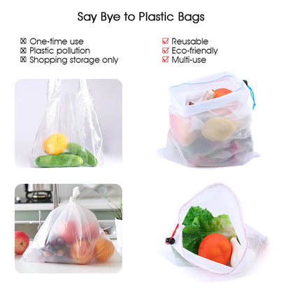 5pcs Colorful Reusable Washable Mesh bags for storing fruits vegetables to stay fresh in the refrigerator / produce shopping bag