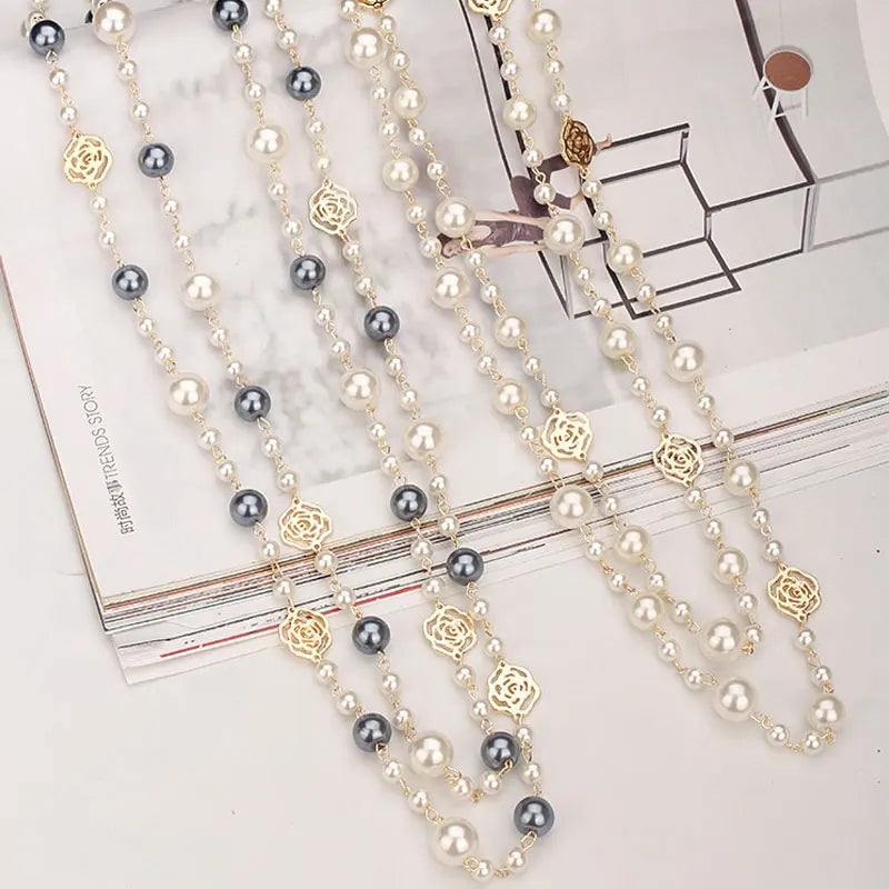 Famous Camellia Pearl Long Necklace For Women, girls | Double Layer chain necklace