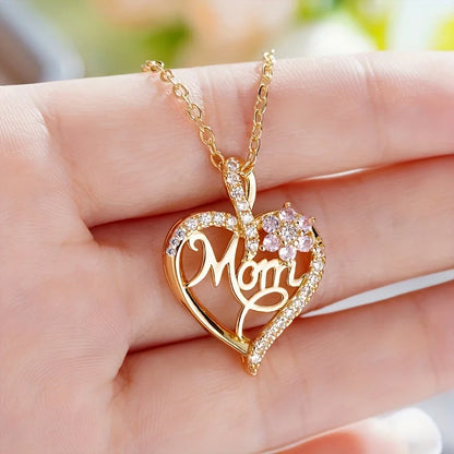 Mom Heart Pendant Necklace With Rose ,Gift Box For Mom Birthday Christmas - New In Fashion Luxury Zircon Jewelry