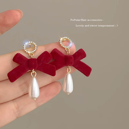 KADRUFI Vintage Red New Christmas Flocking Earrings for Women Bow-knot C-Shape Pearl Rhinestone Drop Earring Jewelry Party Gift