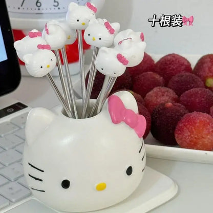 2024 New Kawaii Sanrio Home Hello Kitty Stainless Steel Fruit Fork Base High-Looking Cute Cartoon Fruit Pick Set