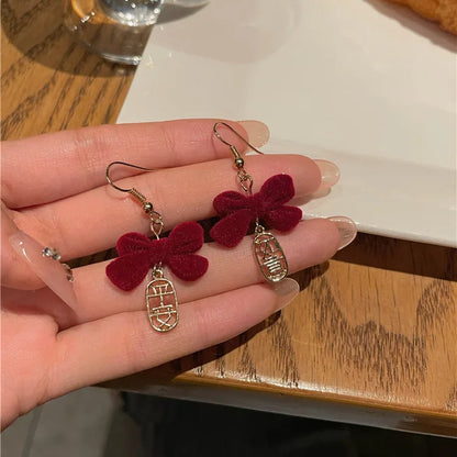 KADRUFI Vintage Red New Christmas Flocking Earrings for Women Bow-knot C-Shape Pearl Rhinestone Drop Earring Jewelry Party Gift