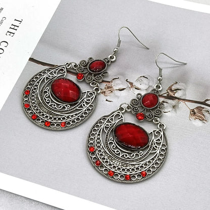 2pcs vintage Bohemian gemstone hollowed out carved ear hook earrings for women and girls