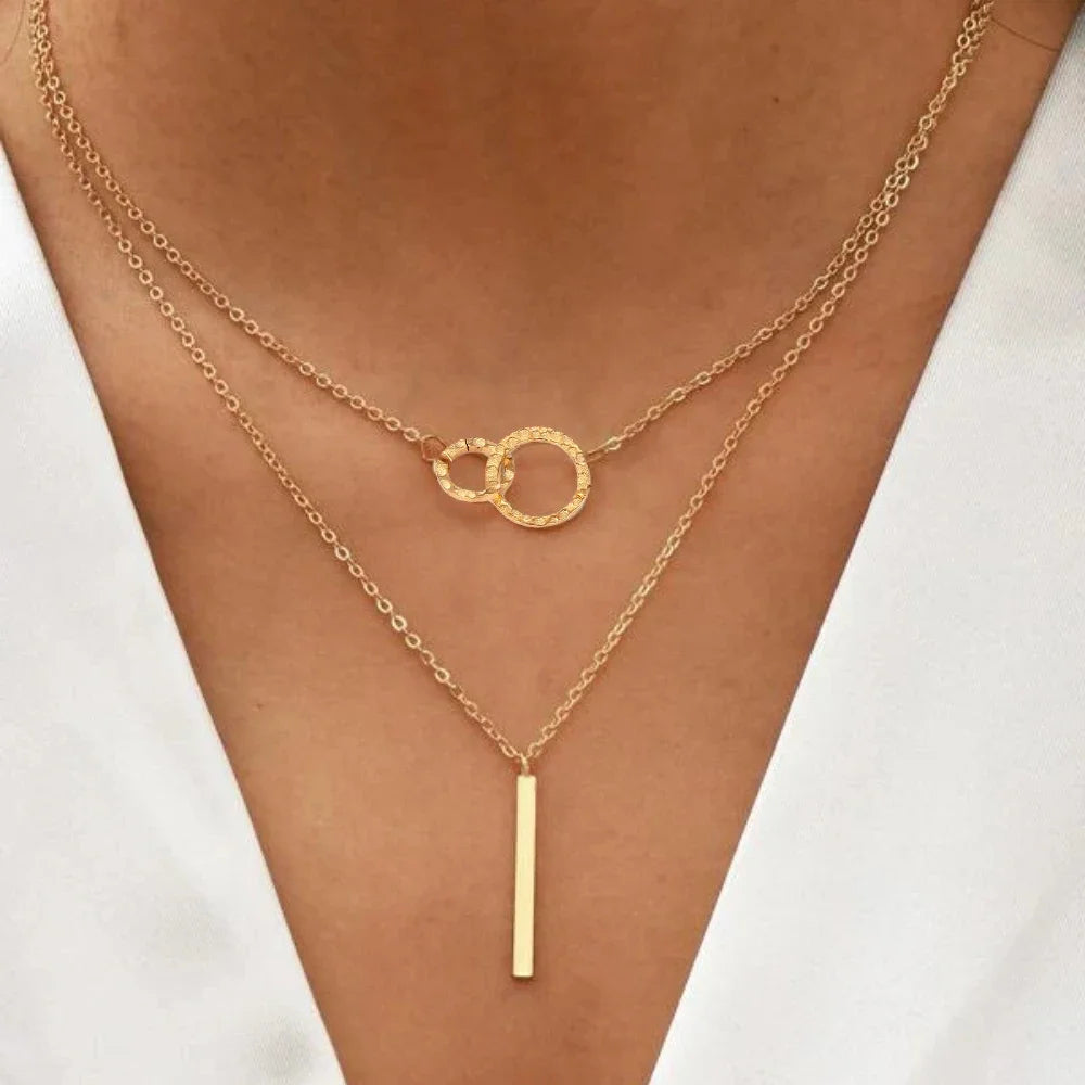 Classic Stainless Steel Gold Color Necklace for Women Jewelry Round Pendant and Bar Necklace