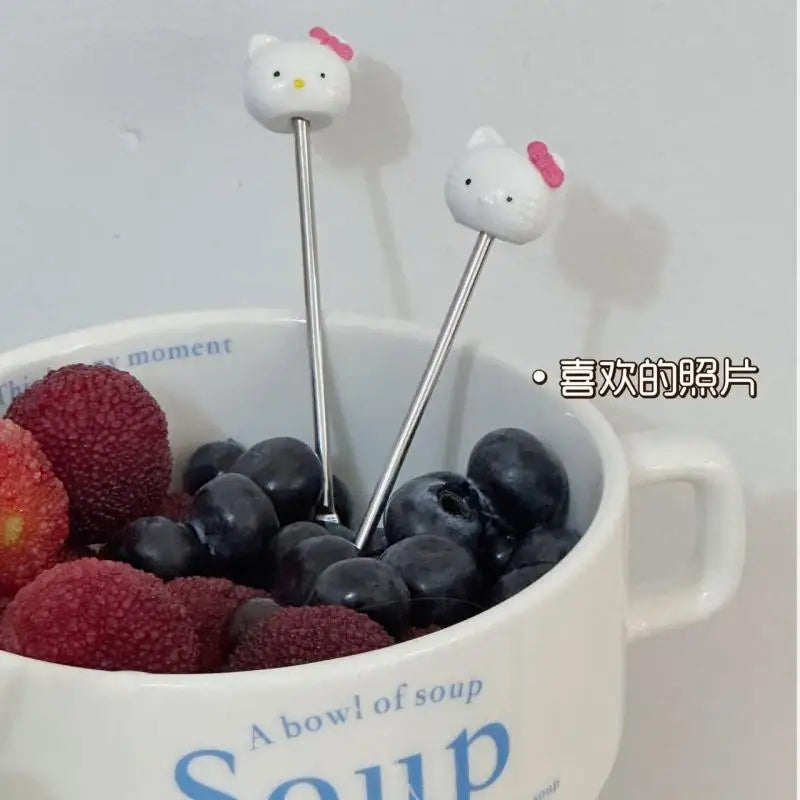 2024 New Kawaii Sanrio Home Hello Kitty Stainless Steel Fruit Fork Base High-Looking Cute Cartoon Fruit Pick Set