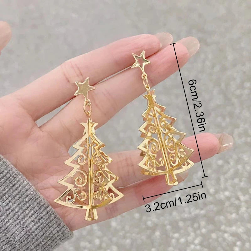 New 3D Christmas Tree Earrings For Women Girls Hollow Out Snow Star Pendent Dangle Earring Xmas Party Jewelry Gift