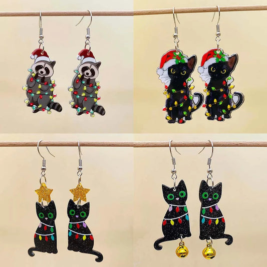 Black Christmas Acrylic Earrings Colorful Lights Cat Bells Earrings Fun Christmas Jewelry for Women Holiday Earrings