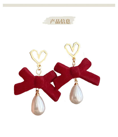 KADRUFI Vintage Red New Christmas Flocking Earrings for Women Bow-knot C-Shape Pearl Rhinestone Drop Earring Jewelry Party Gift