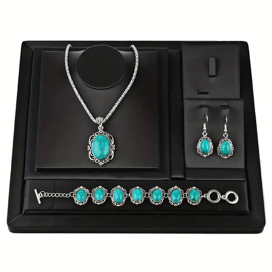 3pcs Women's Vintage Turquoise Bracelet Necklace Earrings Set,  Gift(Without Box)