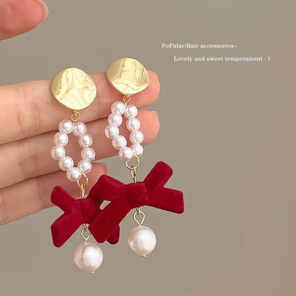 KADRUFI Vintage Red New Christmas Flocking Earrings for Women Bow-knot C-Shape Pearl Rhinestone Drop Earring Jewelry Party Gift