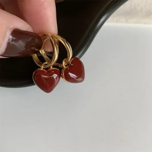 Wine Red Love Heart Dangle Earrings for Women , Gold Color Circle Vintage Peach Drop Earring, Fashion Jewelry