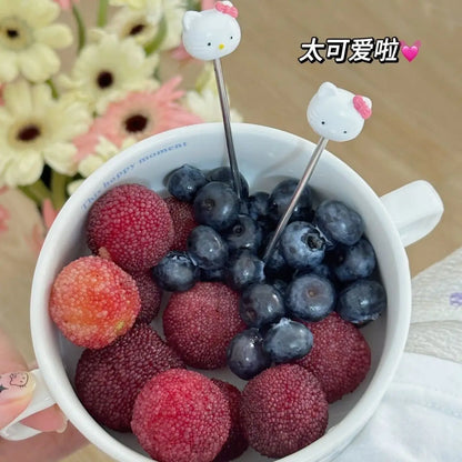 2024 New Kawaii Sanrio Home Hello Kitty Stainless Steel Fruit Fork Base High-Looking Cute Cartoon Fruit Pick Set