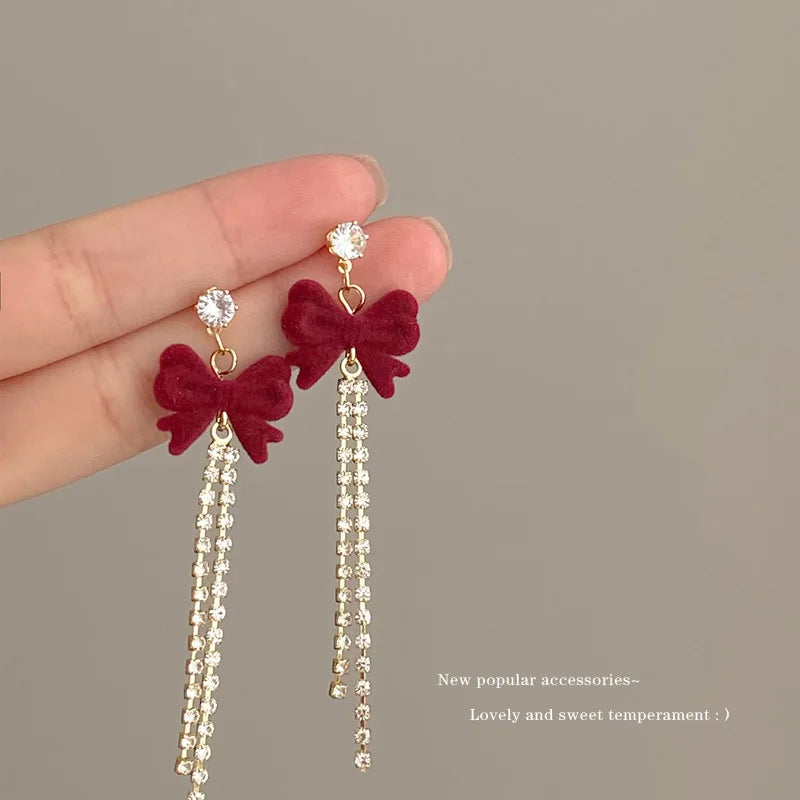 KADRUFI Vintage Red New Christmas Flocking Earrings for Women Bow-knot C-Shape Pearl Rhinestone Drop Earring Jewelry Party Gift