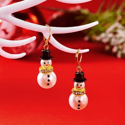 Luxury Fashion Christmas Rhinestone Snowflake Imitation Pearl Hat Snowman Earrings For Women Cute New Year Party Jewelry Gift