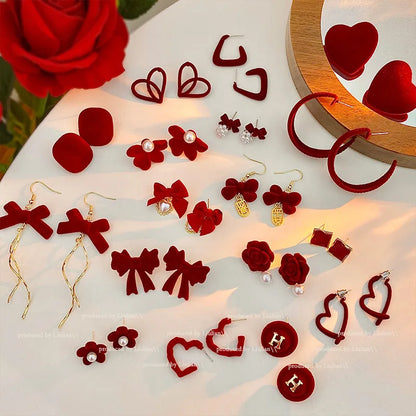 KADRUFI Vintage Red New Christmas Flocking Earrings for Women Bow-knot C-Shape Pearl Rhinestone Drop Earring Jewelry Party Gift