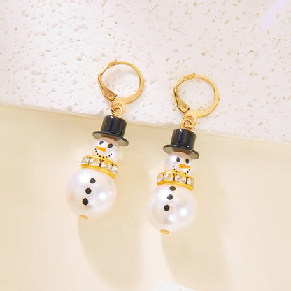 Luxury Fashion Christmas Rhinestone Snowflake Imitation Pearl Hat Snowman Earrings For Women Cute New Year Party Jewelry Gift