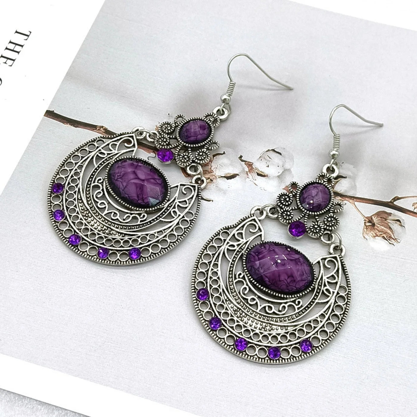 2pcs vintage Bohemian gemstone hollowed out carved ear hook earrings for women and girls