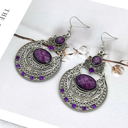 2pcs vintage Bohemian gemstone hollowed out carved ear hook earrings for women and girls