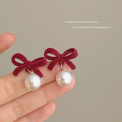 KADRUFI Vintage Red New Christmas Flocking Earrings for Women Bow-knot C-Shape Pearl Rhinestone Drop Earring Jewelry Party Gift