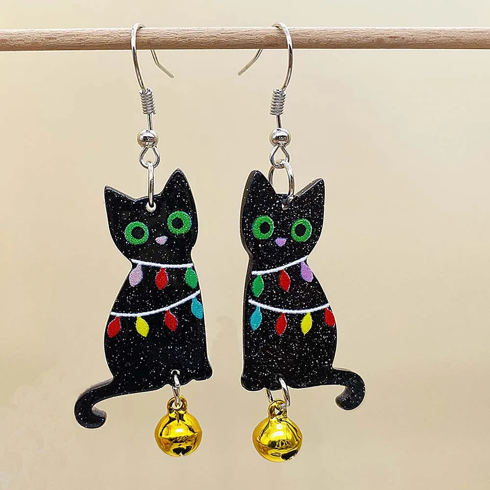 Black Christmas Acrylic Earrings Colorful Lights Cat Bells Earrings Fun Christmas Jewelry for Women Holiday Earrings