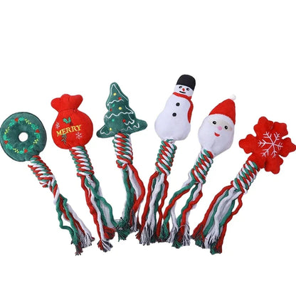 Christmas Dog Squeakey Chew Toys Cotton Ropes Knot Molar Bite Toy Funny Cute Puppies Cat Interactive Toy Xmas Gift Pets Supplies