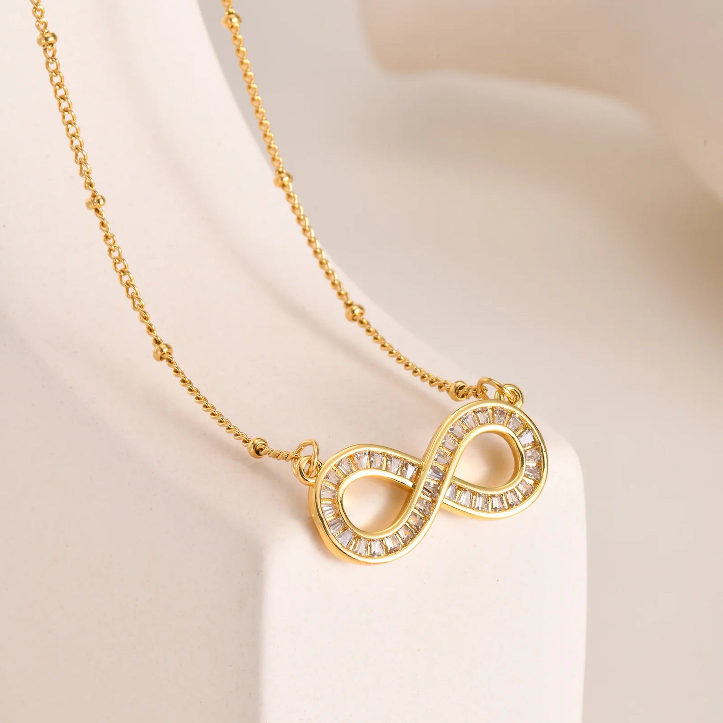 14k Gold Plated Stainless Steel Button Bead Chain Copper Zircon Infinity Necklace /Forever Fashion Love  Pendant Necklace