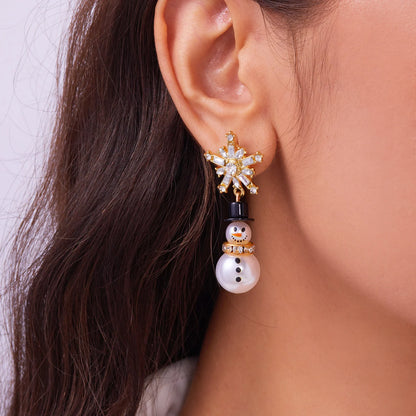 Luxury Fashion Christmas Rhinestone Snowflake Imitation Pearl Hat Snowman Earrings For Women Cute New Year Party Jewelry Gift