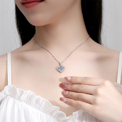 925 Sterling Silver Heart Shaped Necklace Bracelet Set for Women Vintage Korean Blue Crystal Bracelets Jewelry Set Party Jewelry