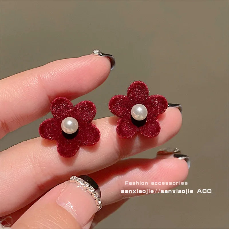 KADRUFI Vintage Red New Christmas Flocking Earrings for Women Bow-knot C-Shape Pearl Rhinestone Drop Earring Jewelry Party Gift