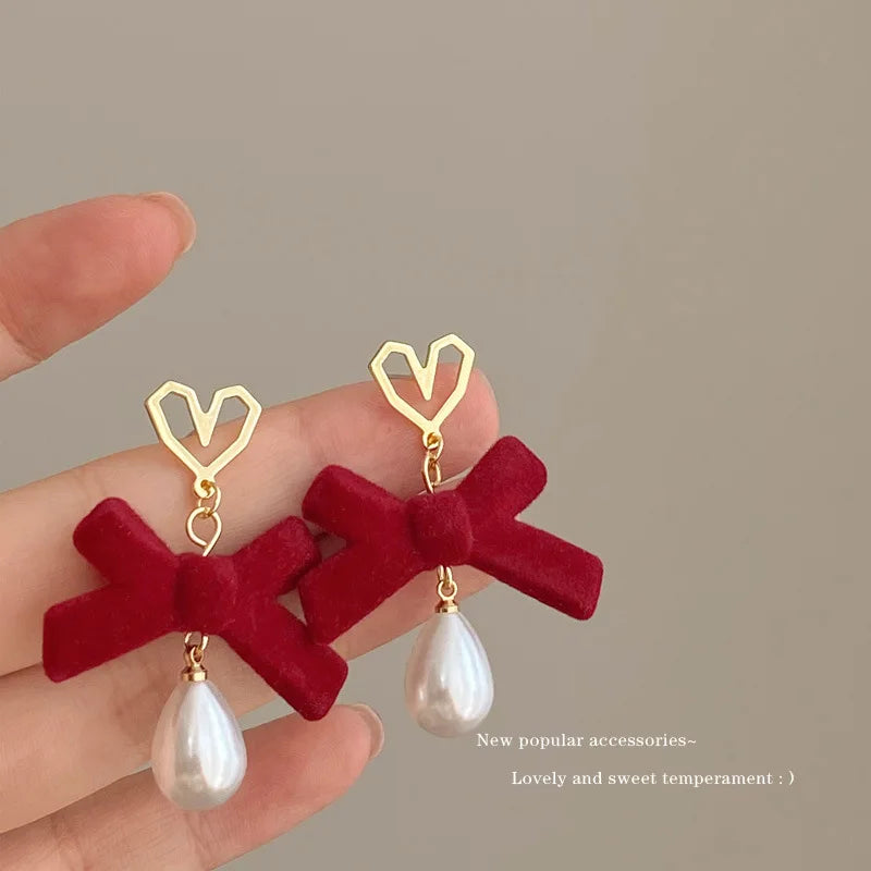 KADRUFI Vintage Red New Christmas Flocking Earrings for Women Bow-knot C-Shape Pearl Rhinestone Drop Earring Jewelry Party Gift